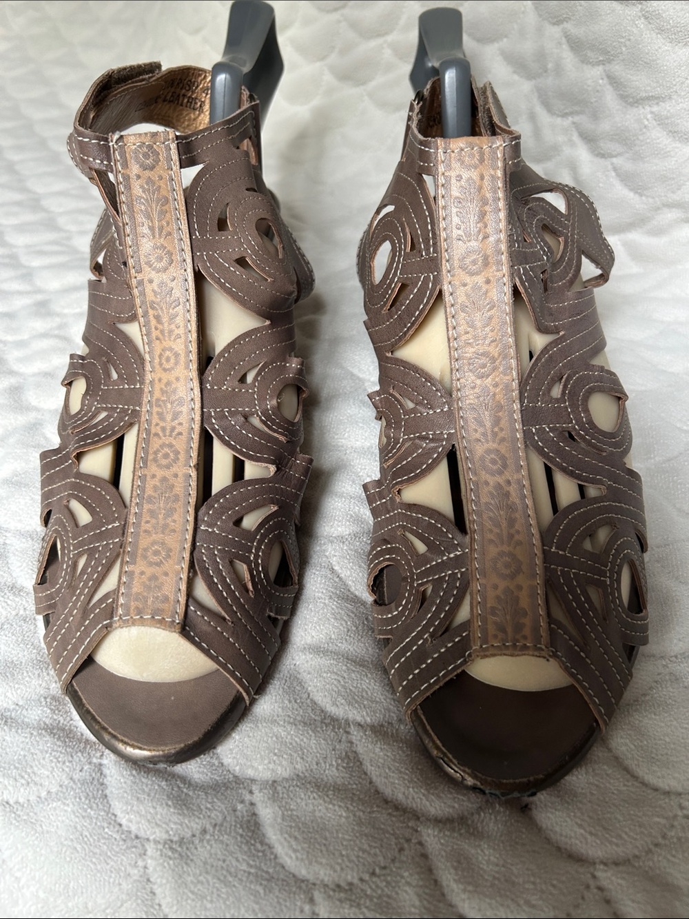 Spring Step Flourish Vintage Taupe Cutout out Sandals with Decorative Overlay 41
